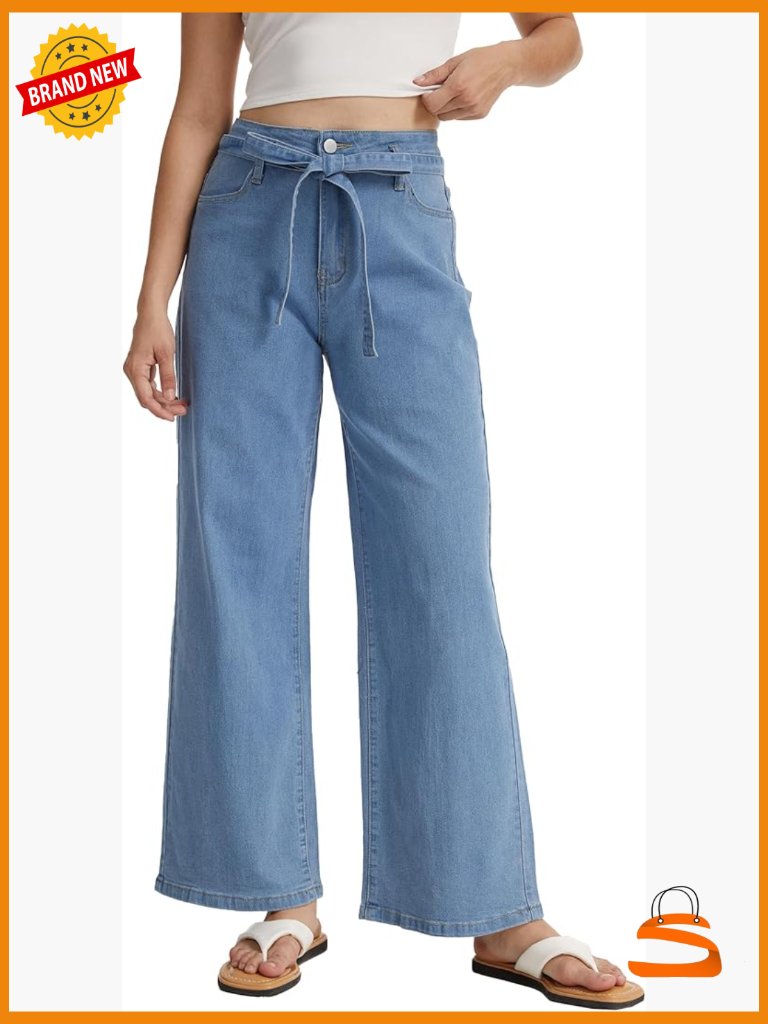 Wide Leg Jeans High Waist Baggy Straight Leg Denim Pants Stretchy With Belt